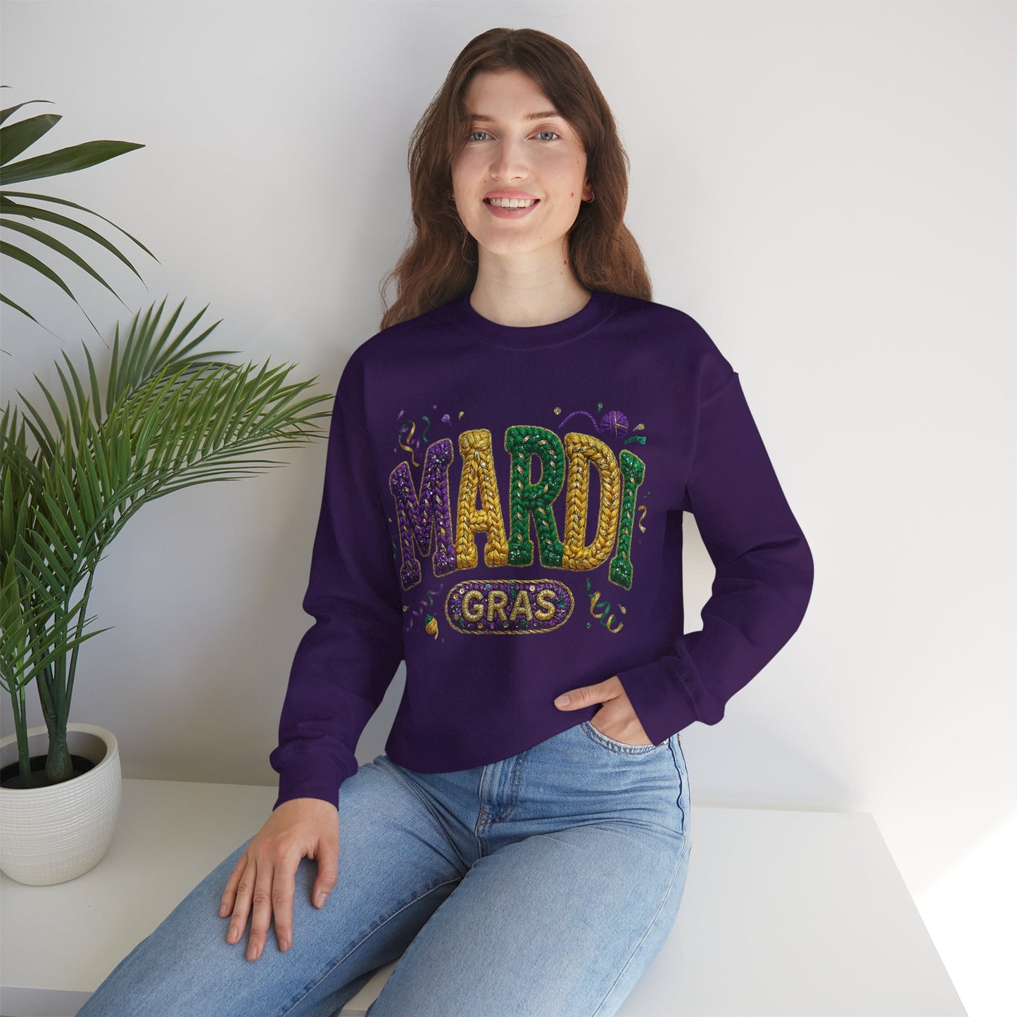 Mardi Gras Faux Yarn Design on a Gildan Sweatshirt