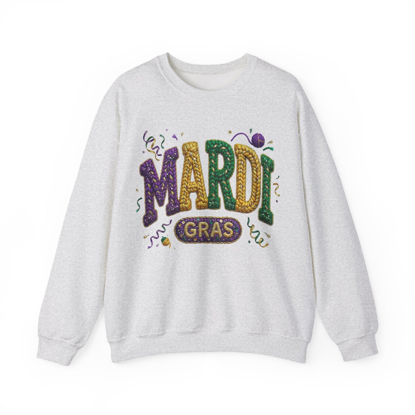 Mardi Gras Faux Yarn Design on a Gildan Sweatshirt