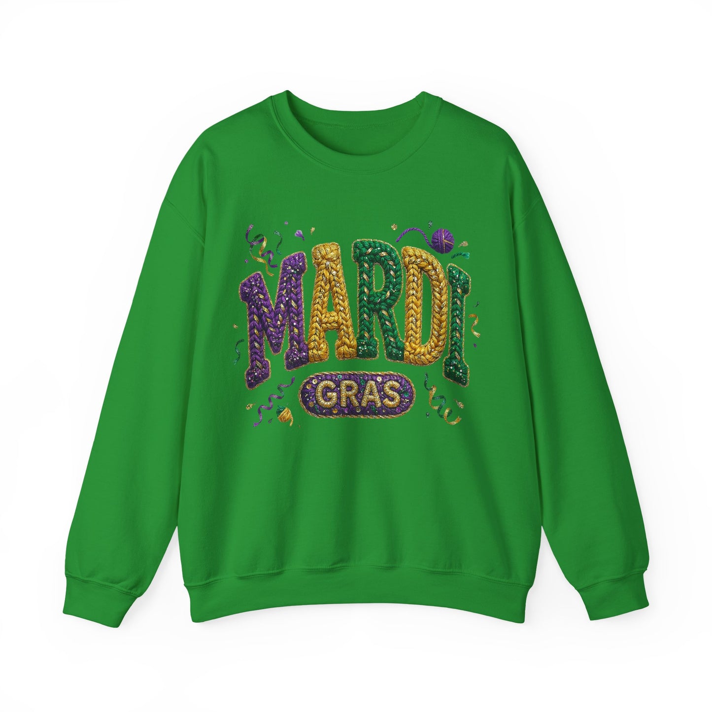 Mardi Gras Faux Yarn Design on a Gildan Sweatshirt
