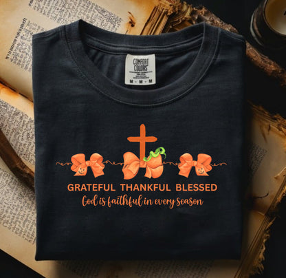 Pumpkin Bows Grateful Thankful Blessed Comfort Color Shirts
