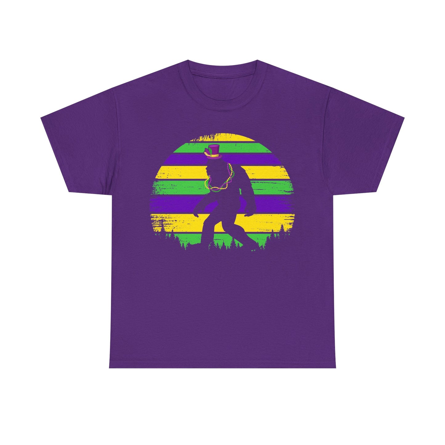 Mardi Gras Bigfoot Sasquatch on a Gildan T-Shirt