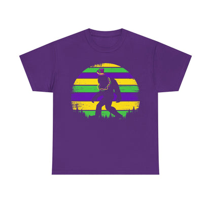 Mardi Gras Bigfoot Sasquatch on a Gildan T-Shirt