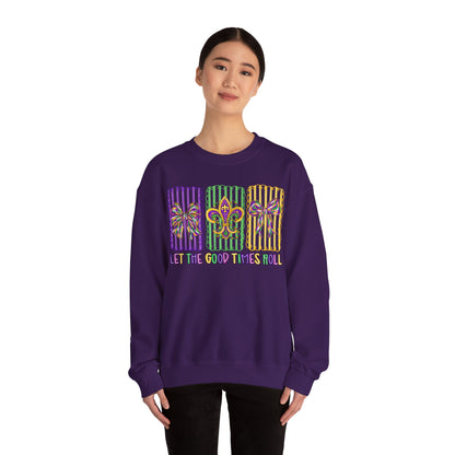 Mardi Gras Gildan Crewneck Sweatshirt – 'Let The Good Times Roll' Mask & Beads Design