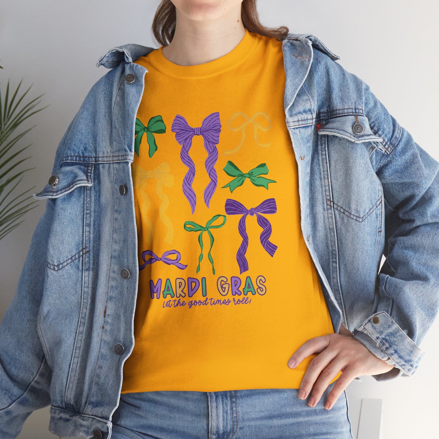 Mardi Gras Croquette Bow on a Gildan T-Shirt