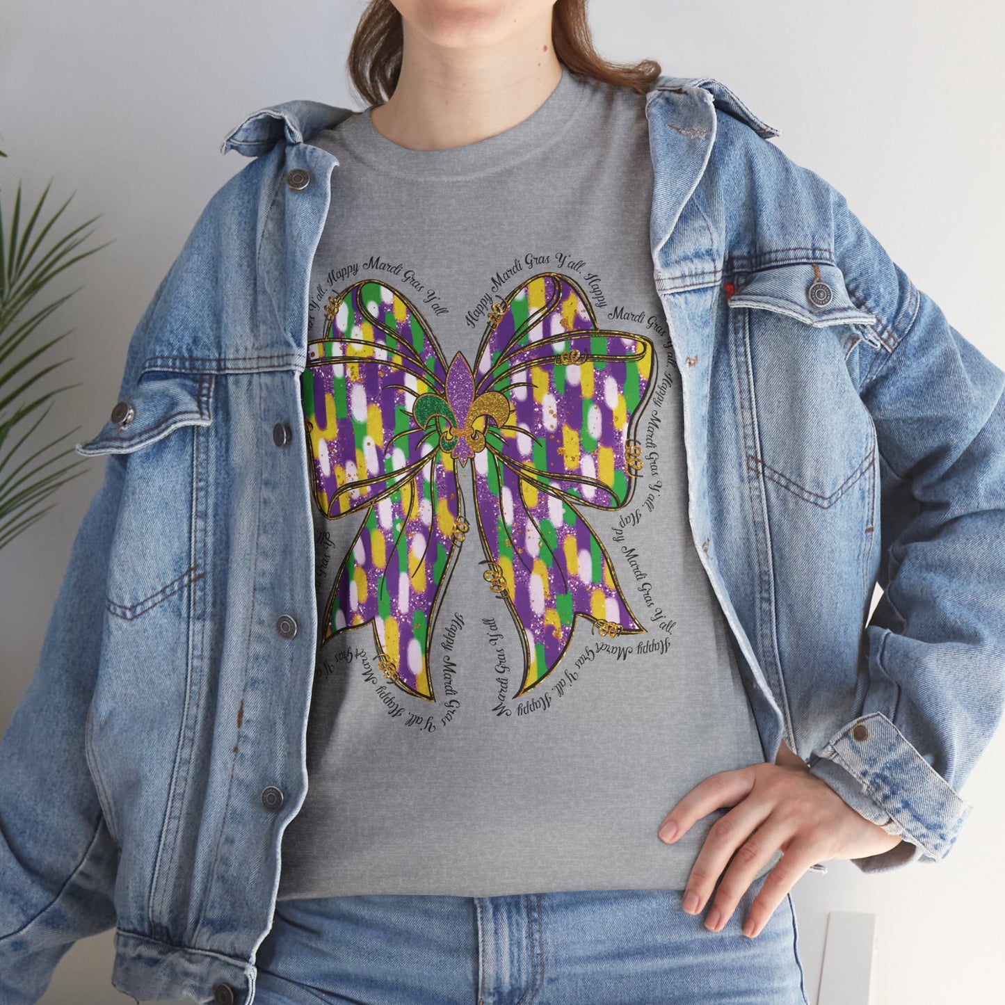 Mardi Gras Croquette Bow on a Gildan T-Shirt