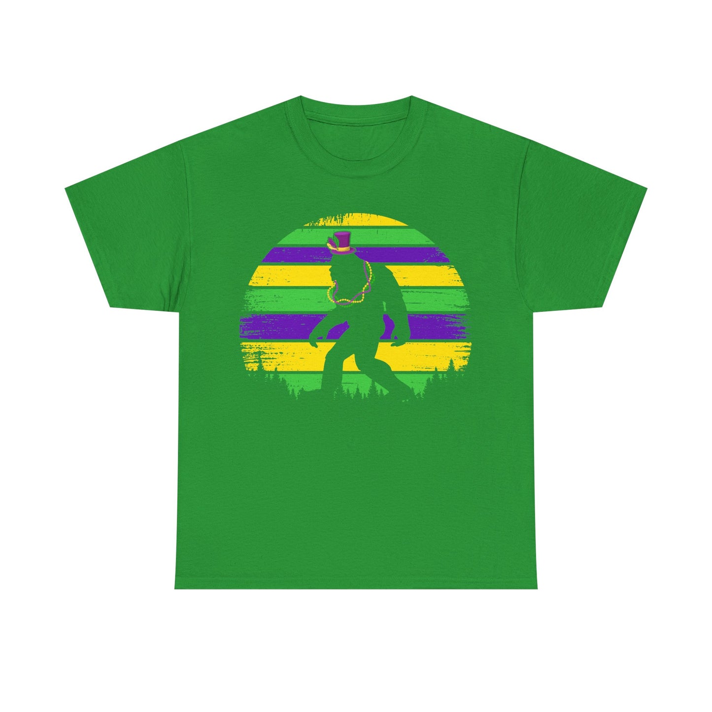Mardi Gras Bigfoot Sasquatch on a Gildan T-Shirt
