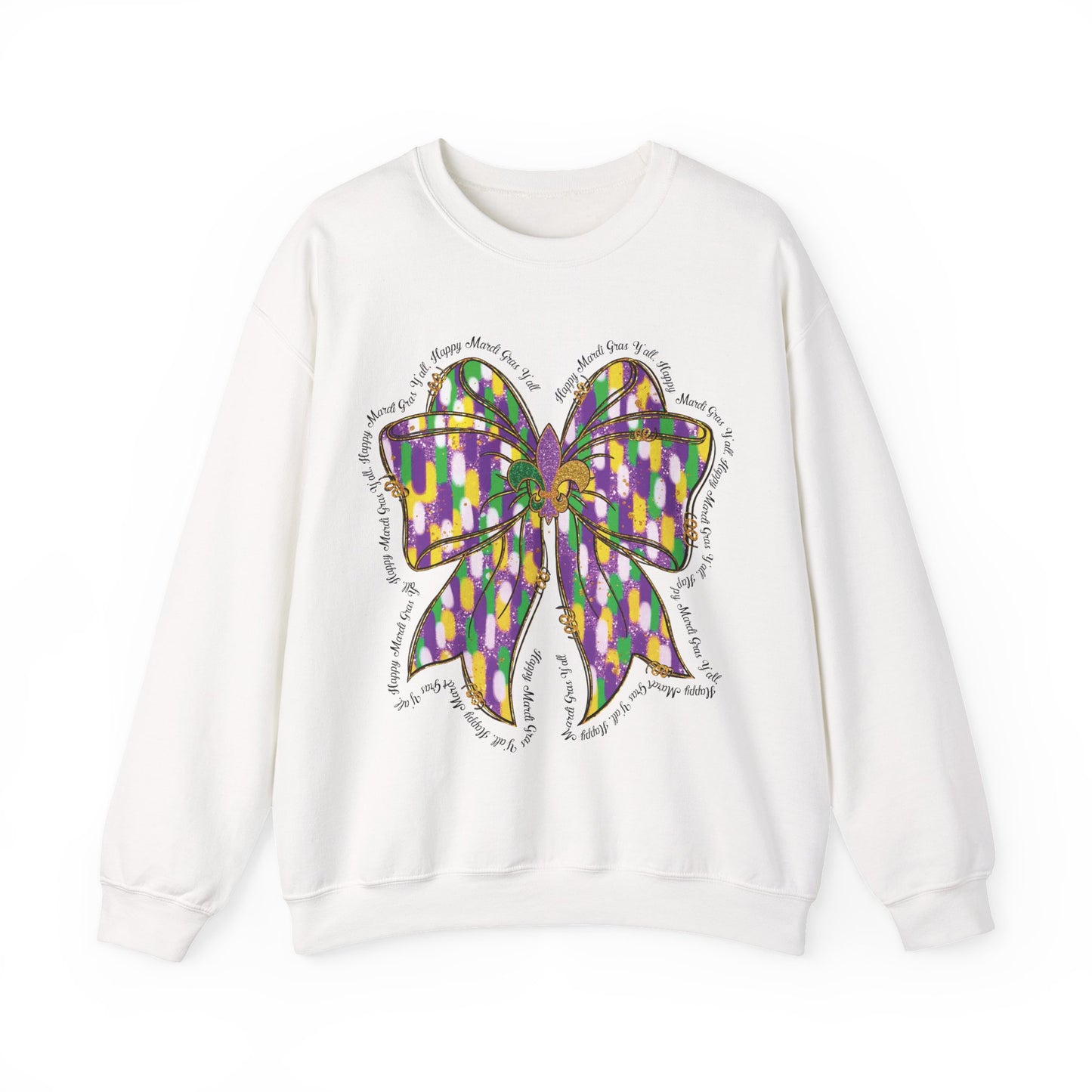 Mardi Gras Croquette Bow on a Gildan Sweatshirt
