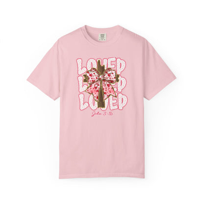Loved Cross John 3:16 Christian T‑Shirt — Pink Ribbon Cross Graphic “Loved” on Comfort Color Shirt