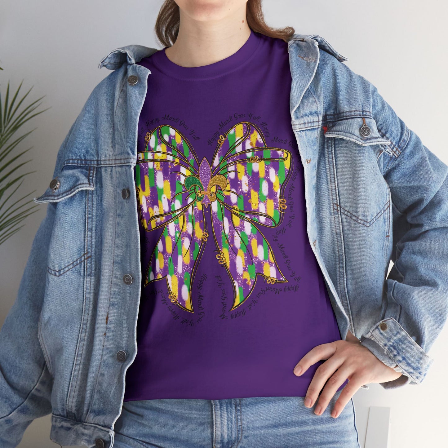 Mardi Gras Croquette Bow on a Gildan T-Shirt