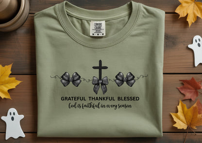 Black Bows Grateful Thankful Blessed Comfort Color Shirts