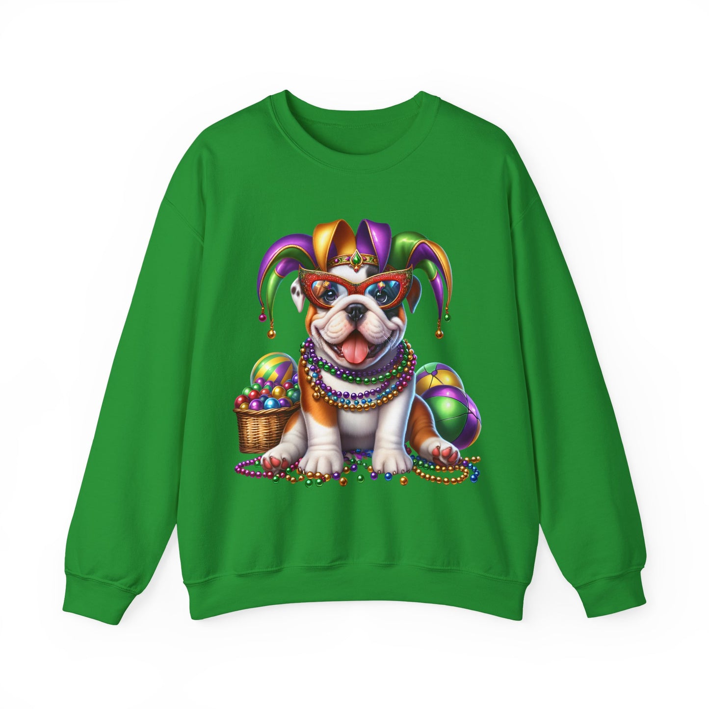 Mardi Gras Bulldog Sweatshirt — Jester Dog with Beads & Masks on a Gildan sweatshirt