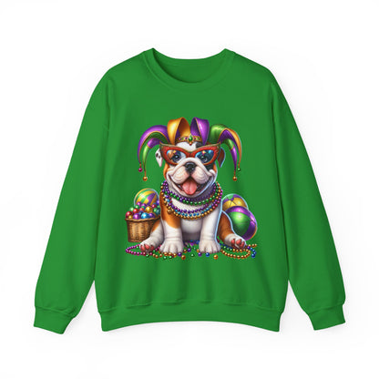 Mardi Gras Bulldog Sweatshirt — Jester Dog with Beads & Masks on a Gildan sweatshirt