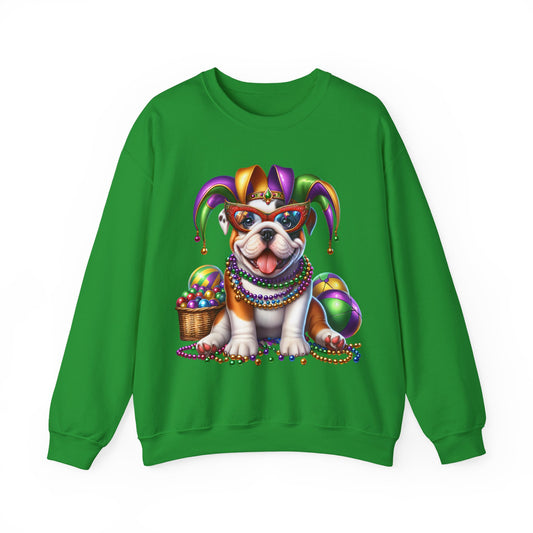 Mardi Gras Bulldog Sweatshirt — Jester Dog with Beads & Masks on a Gildan sweatshirt