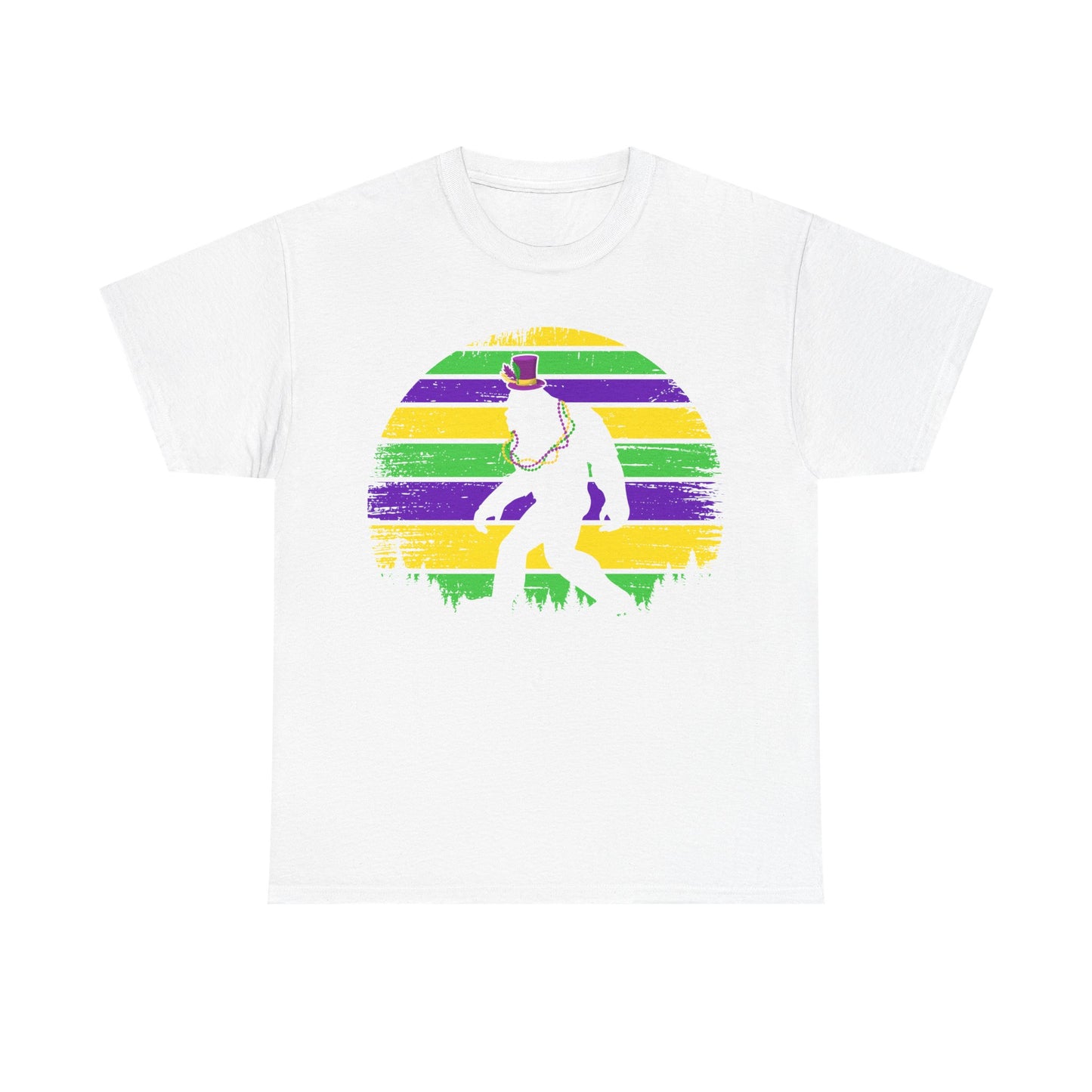 Mardi Gras Bigfoot Sasquatch on a Gildan T-Shirt