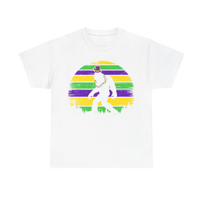 Mardi Gras Bigfoot Sasquatch on a Gildan T-Shirt