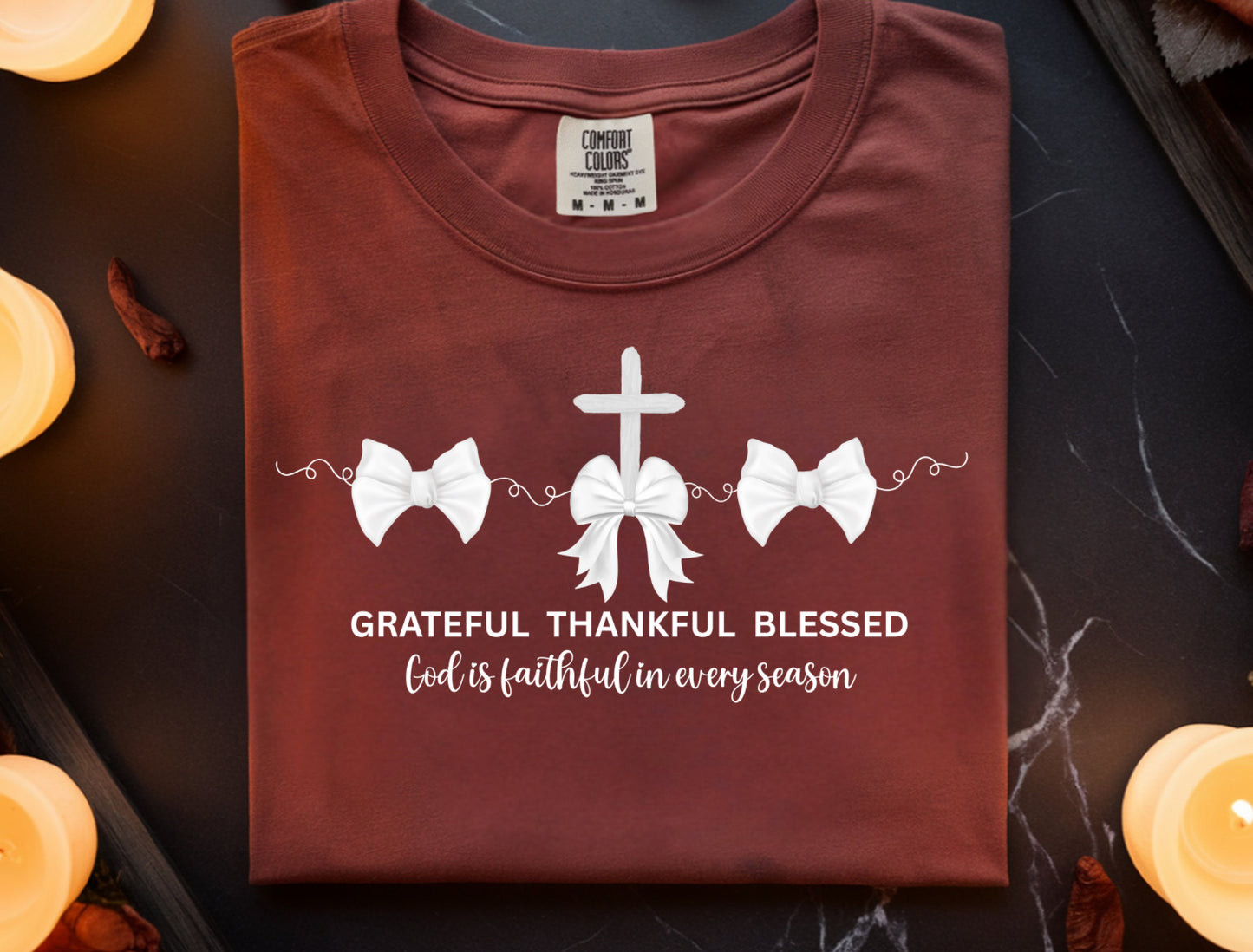 White Bows Grateful Thankful Blessed Comfort Color Shirts