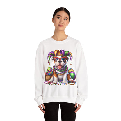 Mardi Gras Bulldog Sweatshirt — Jester Dog with Beads & Masks on a Gildan sweatshirt