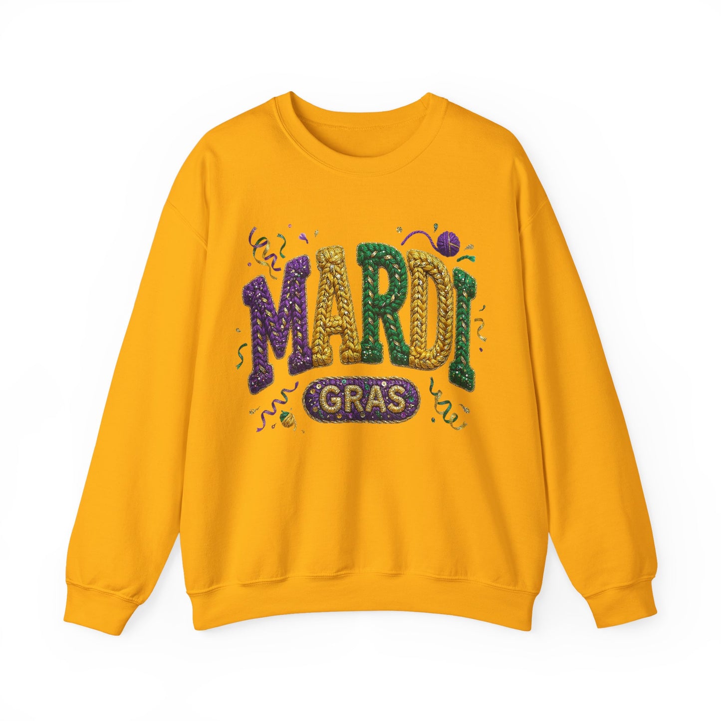 Mardi Gras Faux Yarn Design on a Gildan Sweatshirt