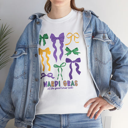Mardi Gras Croquette Bow on a Gildan T-Shirt