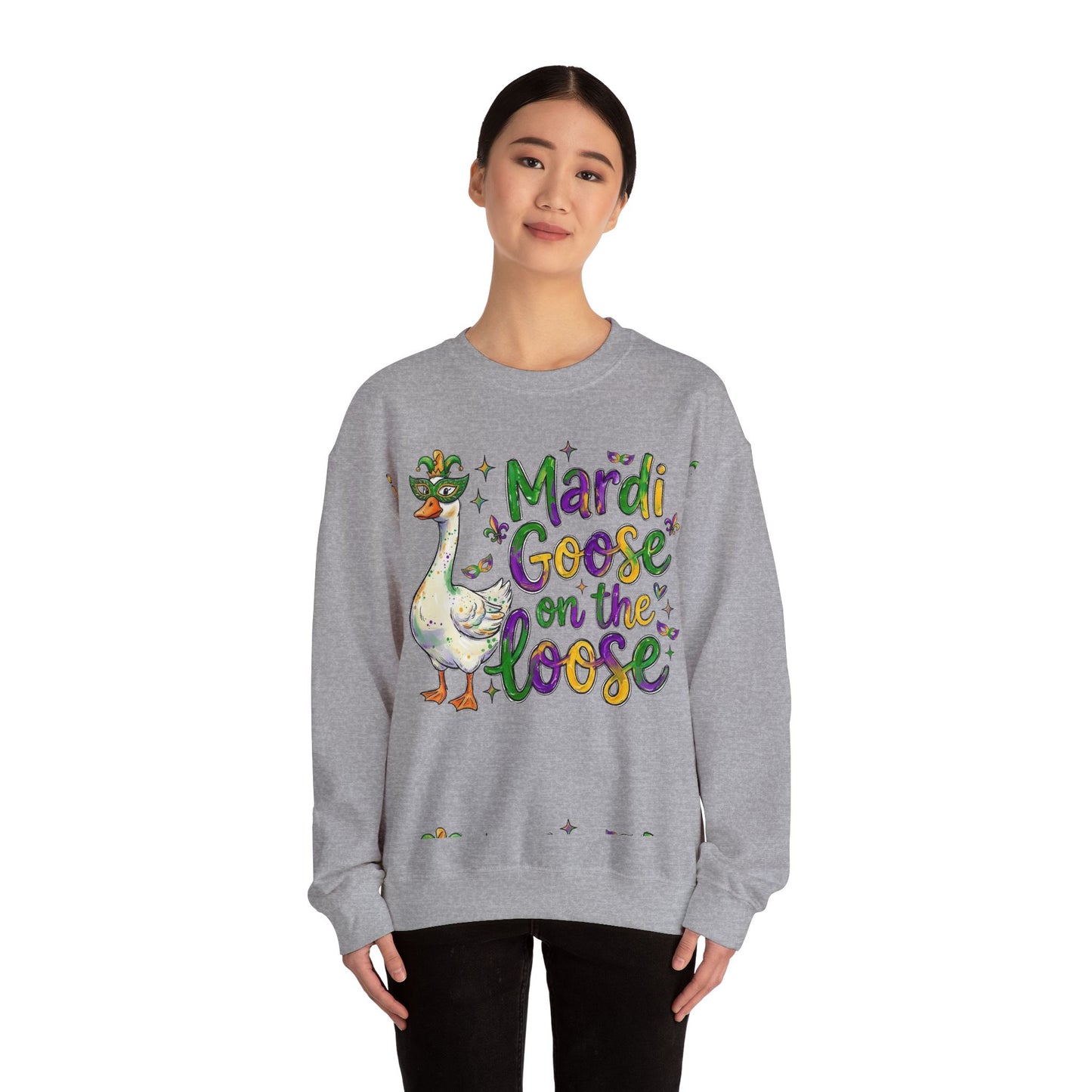 Mardi Gras Goose on the Loose Design on a Gildan Sweatshirt