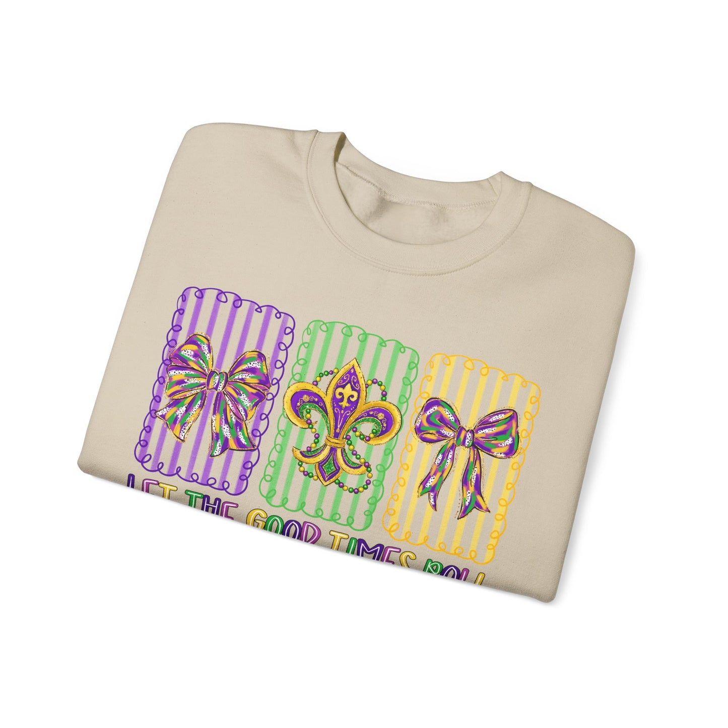 Mardi Gras Gildan Crewneck Sweatshirt – 'Let The Good Times Roll' Mask & Beads Design