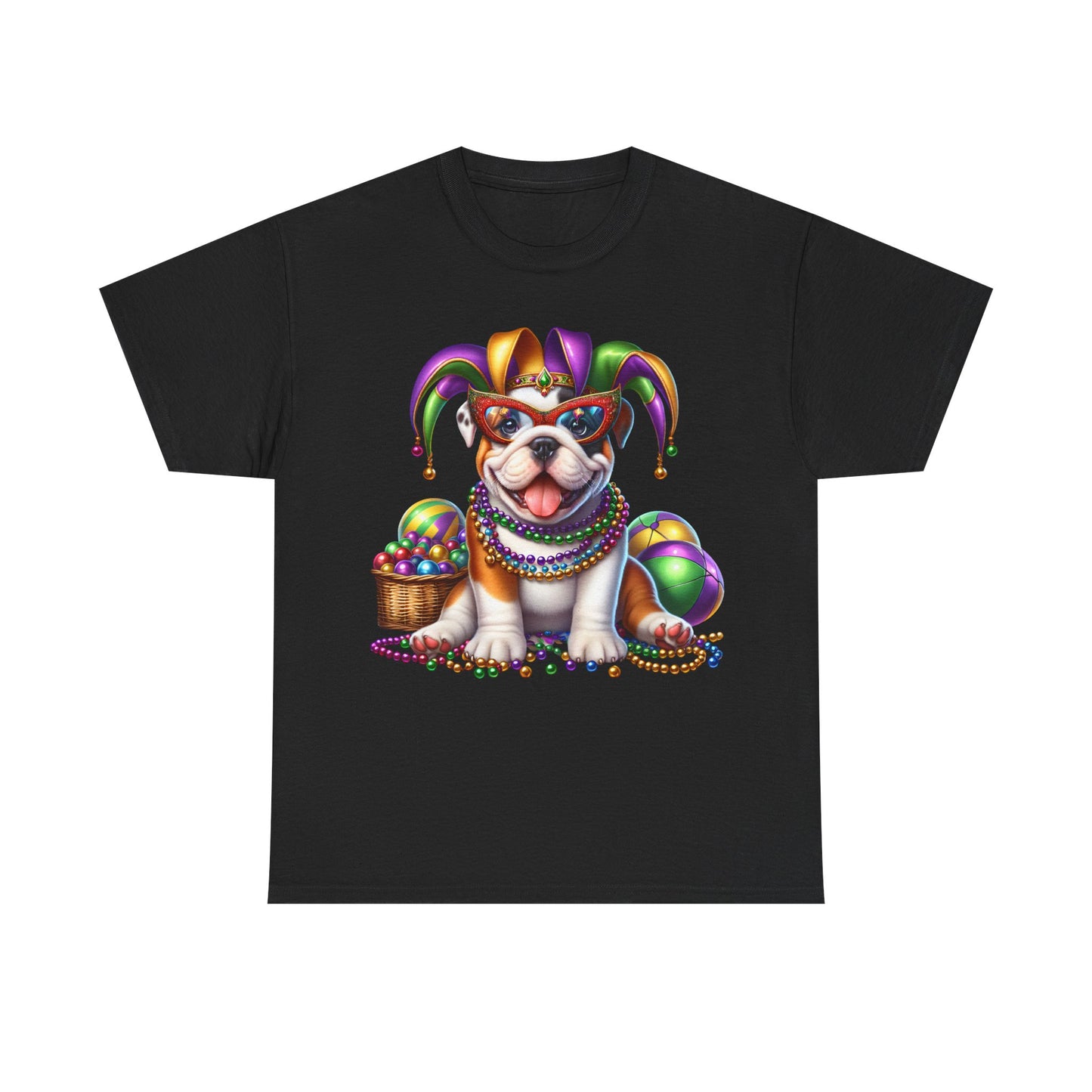Mardi Gras Bulldog T-Shirt — Jester Dog with Beads & Masks on a Gildan Shirt