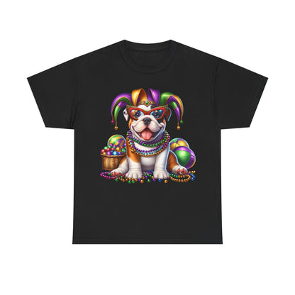Mardi Gras Bulldog T-Shirt — Jester Dog with Beads & Masks on a Gildan Shirt