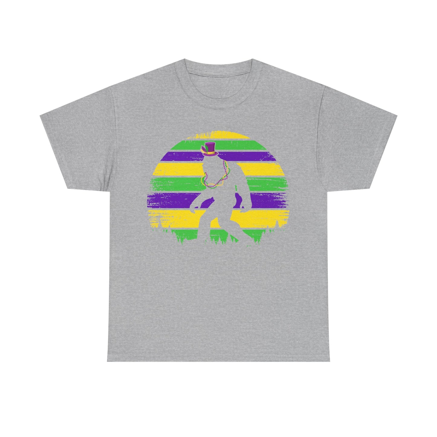 Mardi Gras Bigfoot Sasquatch on a Gildan T-Shirt