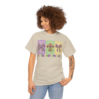 Mardi Gras Gildan T-Shirt – 'Let The Good Times Roll' Mask & Beads Design