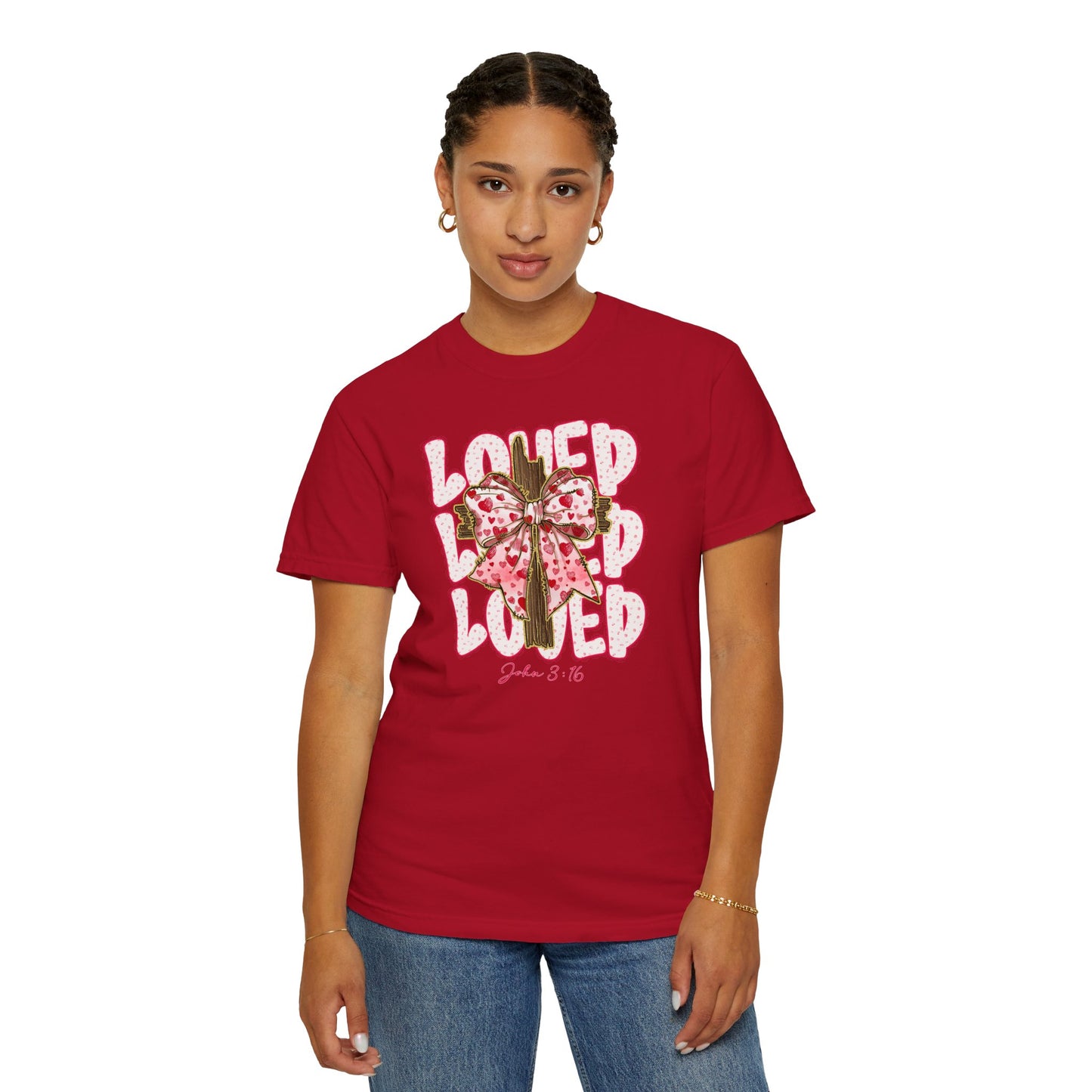 Loved Cross John 3:16 Christian T‑Shirt — Pink Ribbon Cross Graphic “Loved” on Comfort Color Shirt