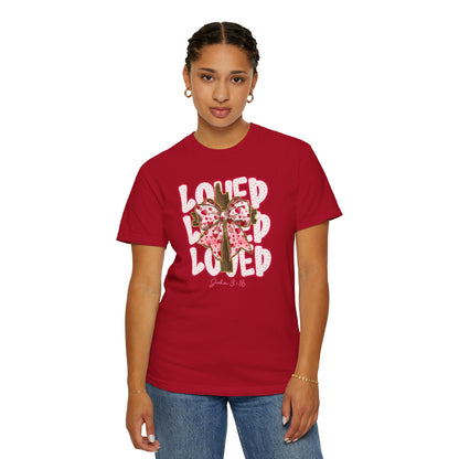 Loved Cross John 3:16 Christian T‑Shirt — Pink Ribbon Cross Graphic “Loved” on Comfort Color Shirt