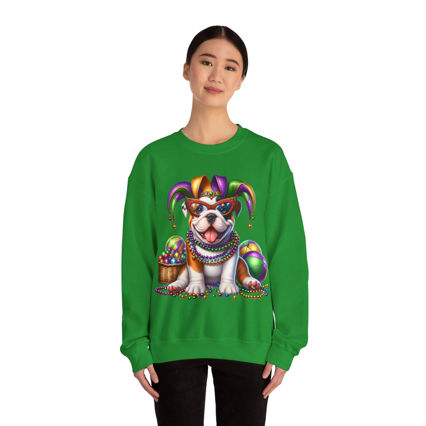 Mardi Gras Bulldog Sweatshirt — Jester Dog with Beads & Masks on a Gildan sweatshirt