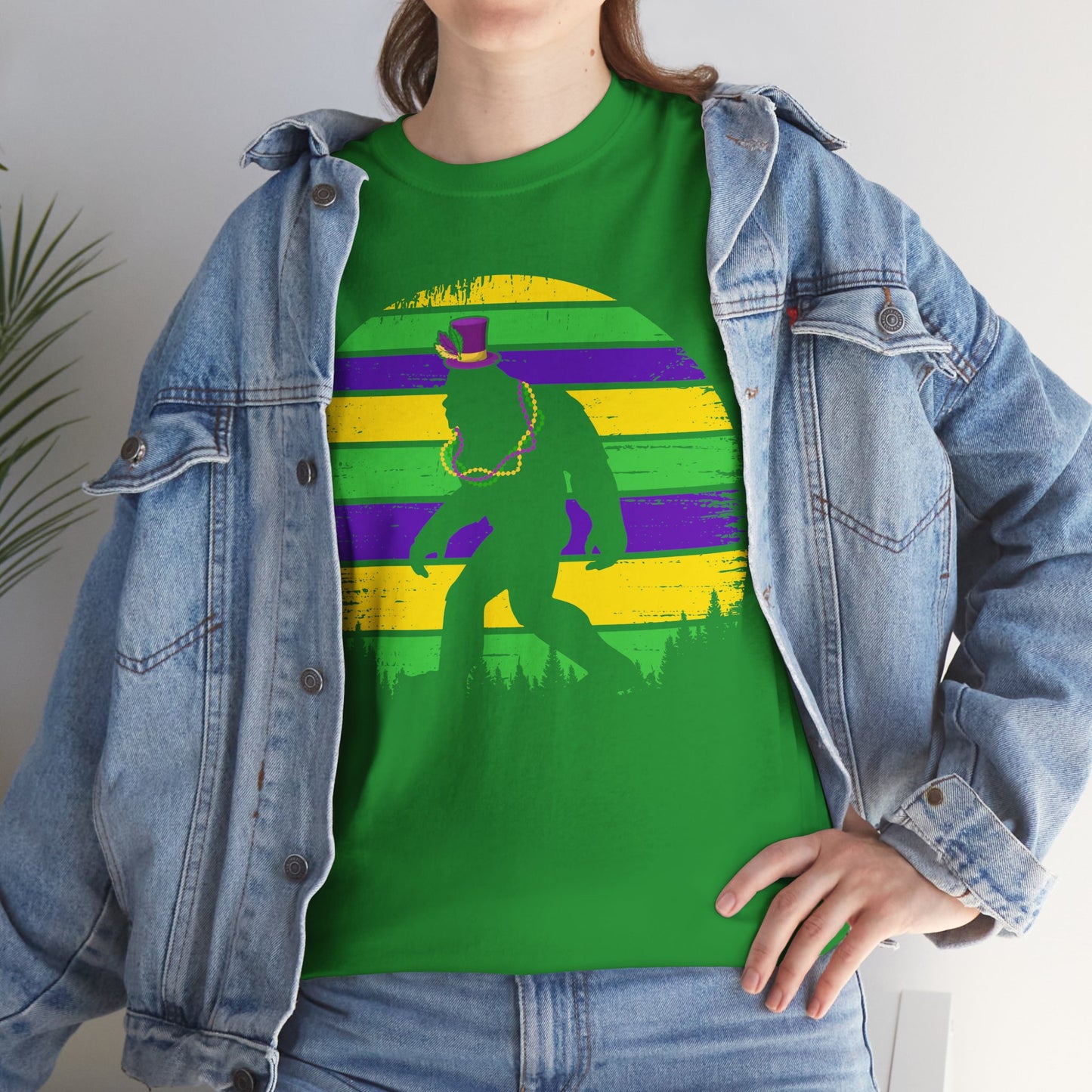 Mardi Gras Bigfoot Sasquatch on a Gildan T-Shirt