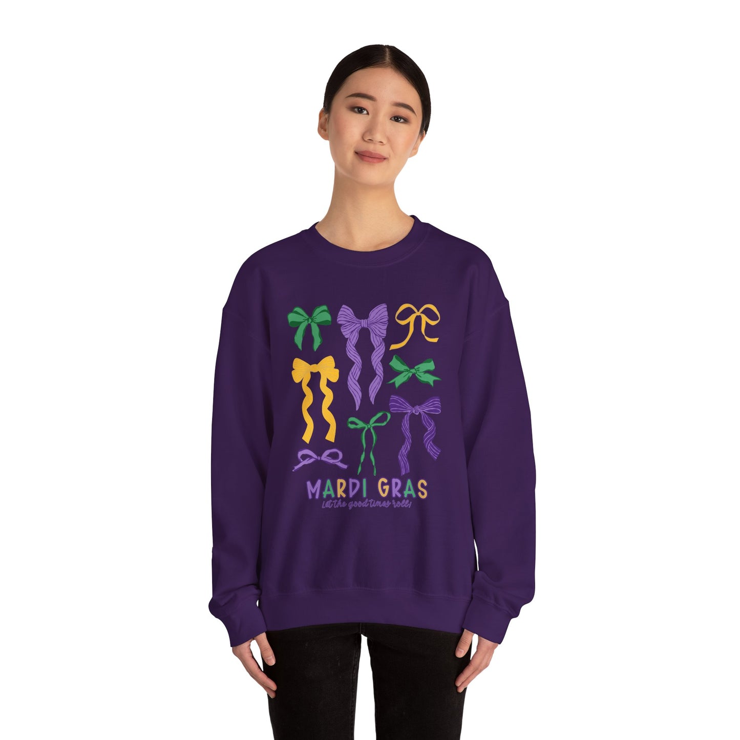 Mardi Gras Croquette Bow on a Gildan Sweatshirt