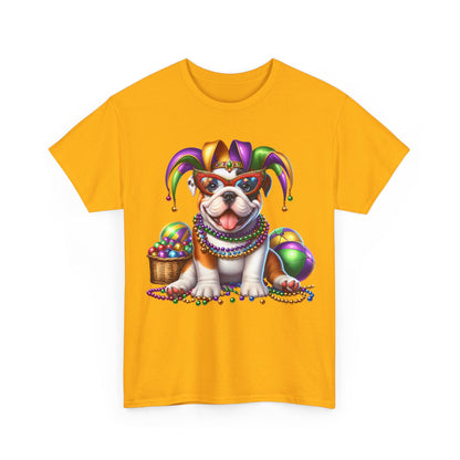 Mardi Gras Bulldog T-Shirt — Jester Dog with Beads & Masks on a Gildan Shirt