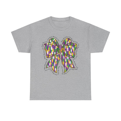 Mardi Gras Croquette Bow on a Gildan T-Shirt