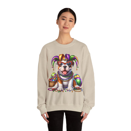 Mardi Gras Bulldog Sweatshirt — Jester Dog with Beads & Masks on a Gildan sweatshirt