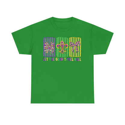 Mardi Gras Gildan T-Shirt – 'Let The Good Times Roll' Mask & Beads Design