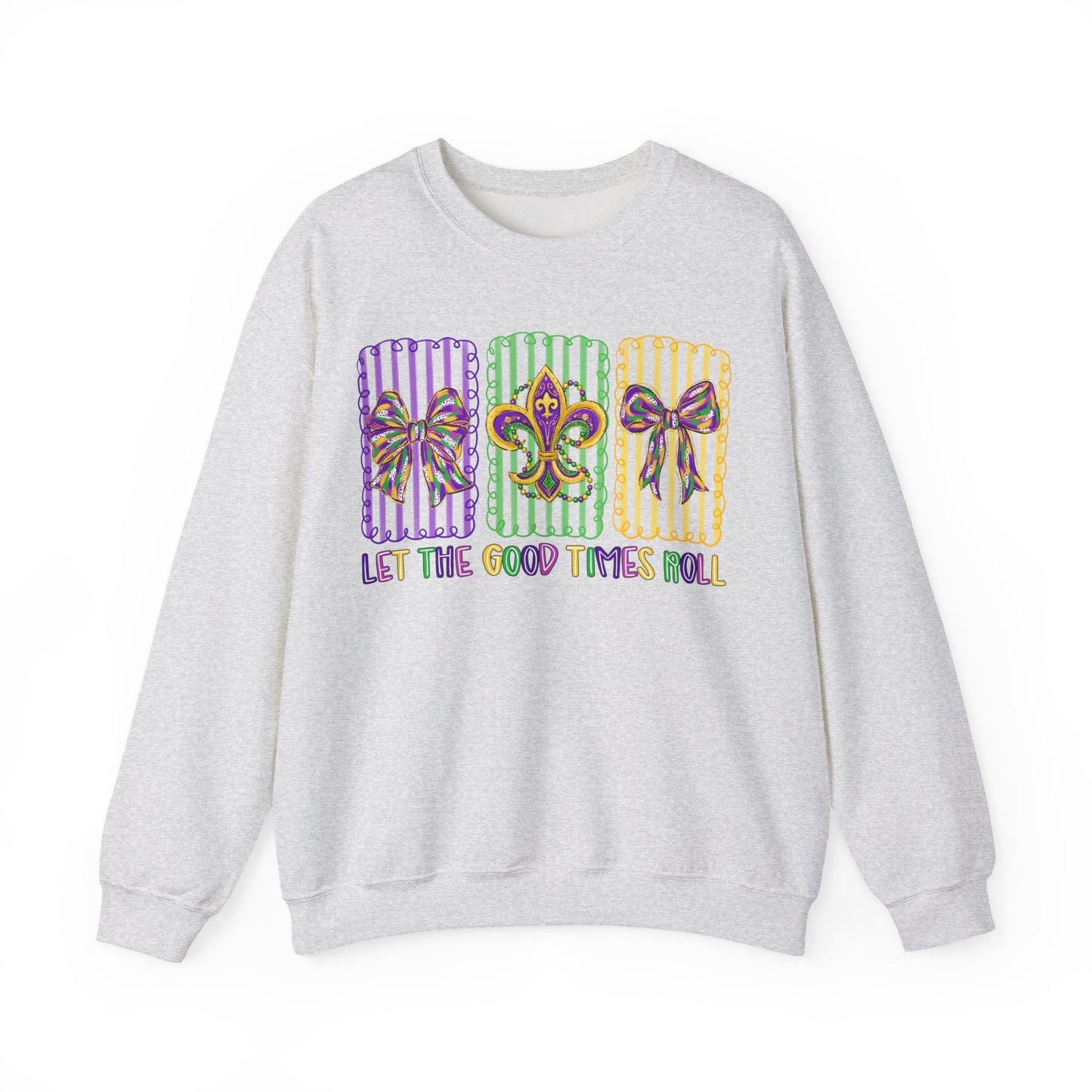 Mardi Gras Gildan Crewneck Sweatshirt – 'Let The Good Times Roll' Mask & Beads Design