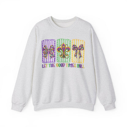 Mardi Gras Gildan Crewneck Sweatshirt – 'Let The Good Times Roll' Mask & Beads Design