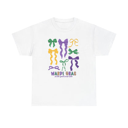 Mardi Gras Croquette Bow on a Gildan T-Shirt