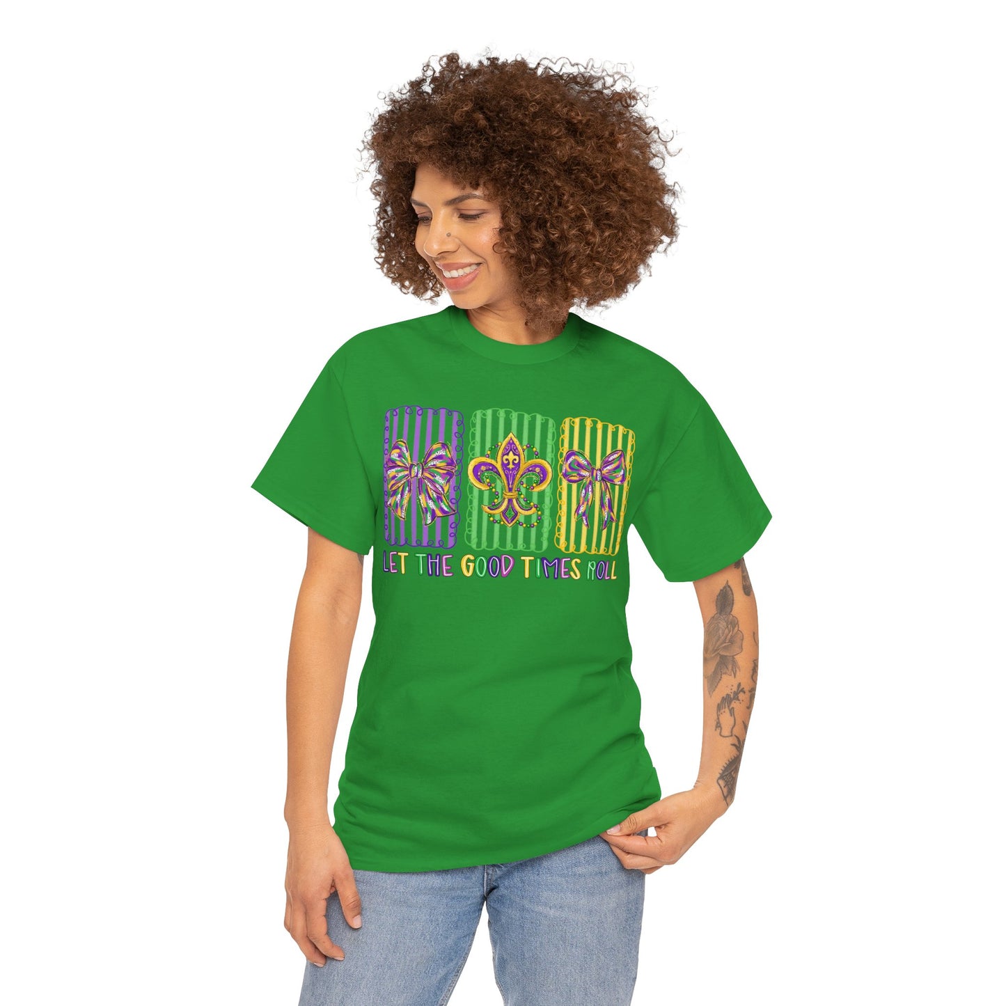 Mardi Gras Gildan T-Shirt – 'Let The Good Times Roll' Mask & Beads Design