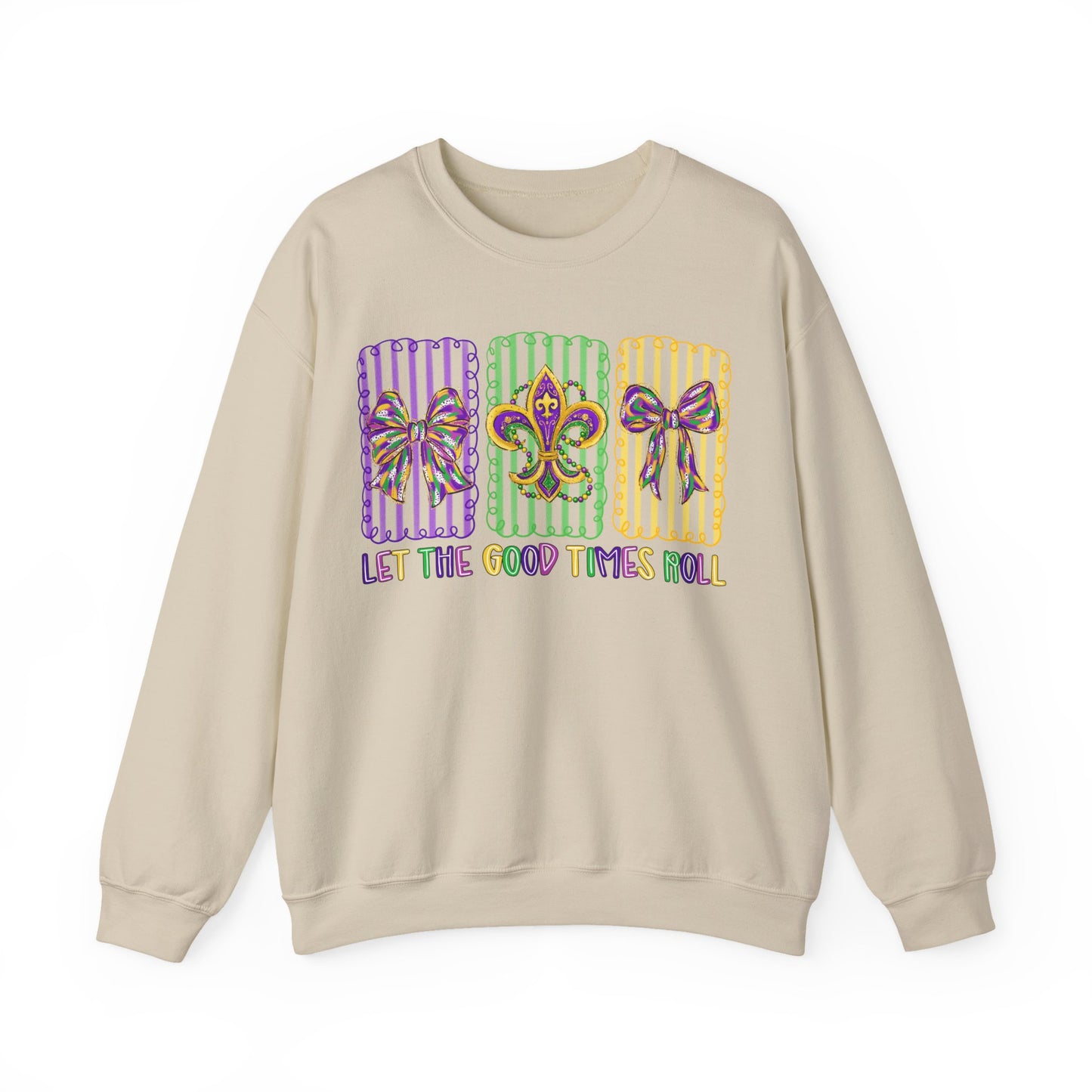 Mardi Gras Gildan Crewneck Sweatshirt – 'Let The Good Times Roll' Mask & Beads Design