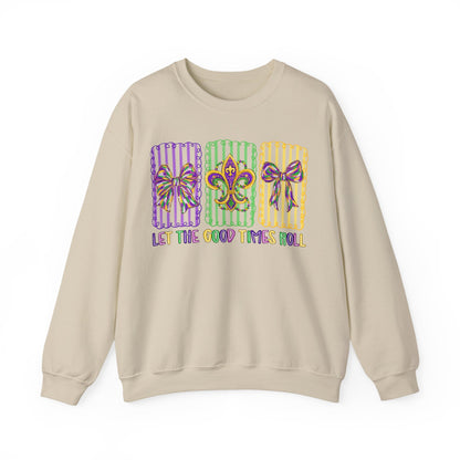 Mardi Gras Gildan Crewneck Sweatshirt – 'Let The Good Times Roll' Mask & Beads Design