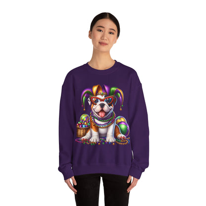 Mardi Gras Bulldog Sweatshirt — Jester Dog with Beads & Masks on a Gildan sweatshirt