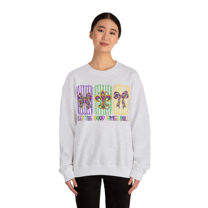 Mardi Gras Gildan Crewneck Sweatshirt – 'Let The Good Times Roll' Mask & Beads Design