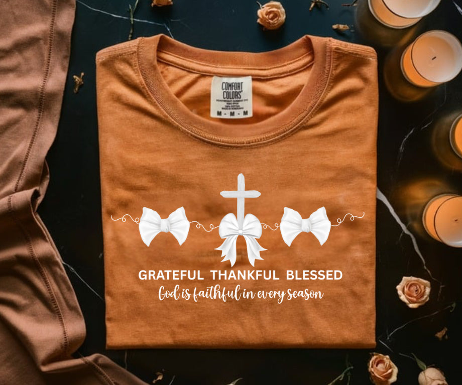 White Bows Grateful Thankful Blessed Comfort Color Shirts