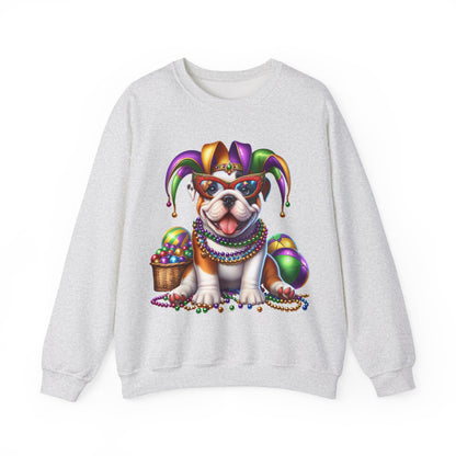 Mardi Gras Bulldog Sweatshirt — Jester Dog with Beads & Masks on a Gildan sweatshirt