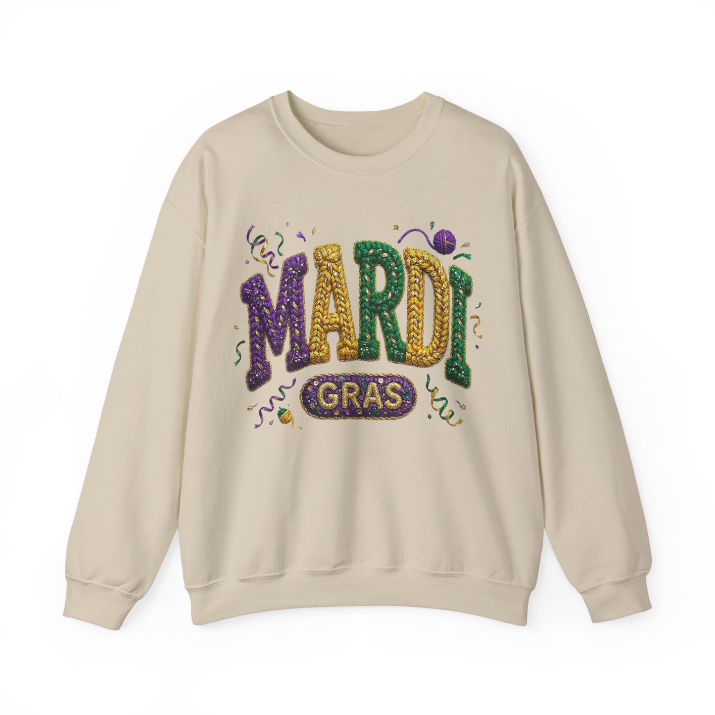Mardi Gras Faux Yarn Design on a Gildan Sweatshirt