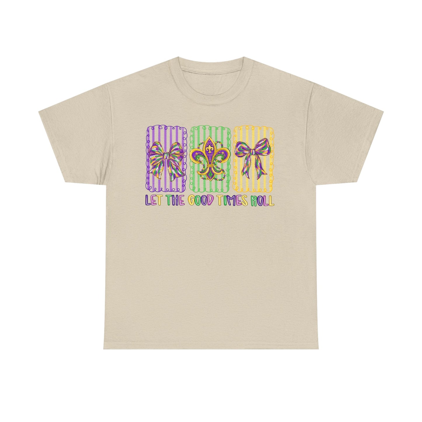 Mardi Gras Gildan T-Shirt – 'Let The Good Times Roll' Mask & Beads Design